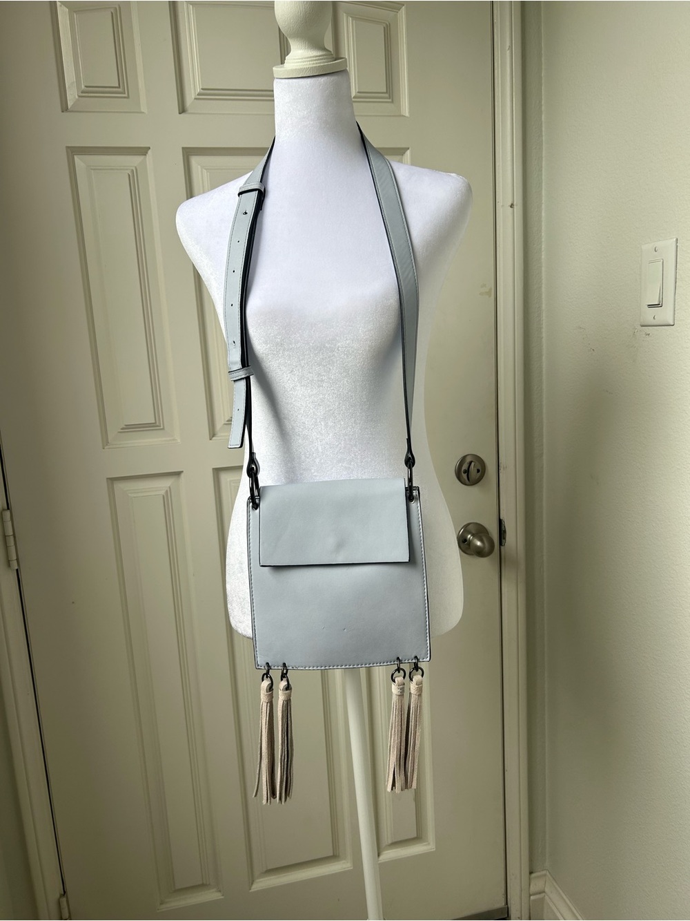 French Connection Powder Blue Tassel Messenger Bag Boho Y2K Minimalist